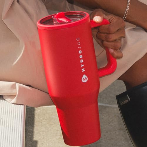HydroJug Traveler - 32 oz Water Bottle with Handle & Flip Straw - Fits in Cup Holder, Leak Resistant Tumbler-Reusable Insulated Stainless Steel & Rubber Base - Gifts for Women & Men, Alumni Red #1