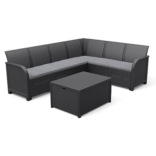 ALLIBERT by KETER - Canap d'angle Sanremo Storage 6 Places Imitation rotin tressé avec Table Basse Range-Coussins - Gris GRA…