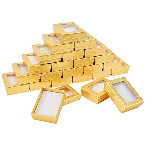 NBEADS 24 Pcs 3.54"x2.55"x1.1"Gift Presentation Boxes with Padding Inside, Golden Color Rectangle Valentine's Day Presents Packages Cardboard Jewelry Set Boxes for Necklaces Earrings Rings Bracelets