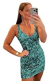 YORFORMALS Teal Homecoming Dresses Short Sparkly V-Neck Sequins Backless Prom Party Gowns Size 12