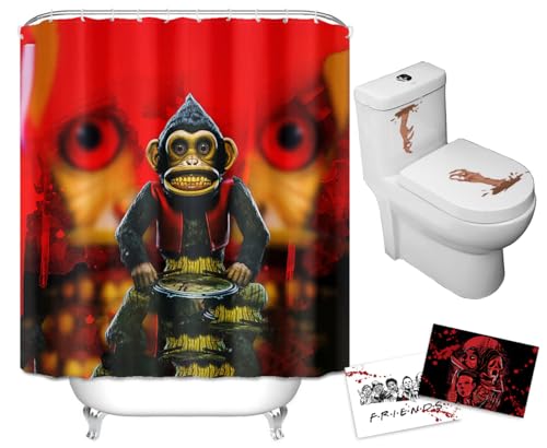 Halloween Shower Curtain Creepy Monkey Inspired by Cult Film, Horror Movie Themed Holiday Decoration, Waterproof Polyester Bath Curtain with Hooks, 72x72 in. Bonus: 2 Post Cards & 1 Sticker