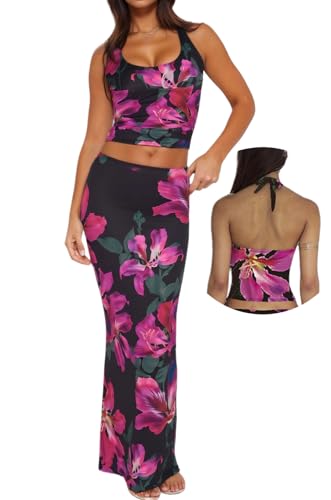 Image of Women High Stretchy Adjustable Strap Backless Floral Two Piece Maxi Skirt Set Summer Outfits 2026