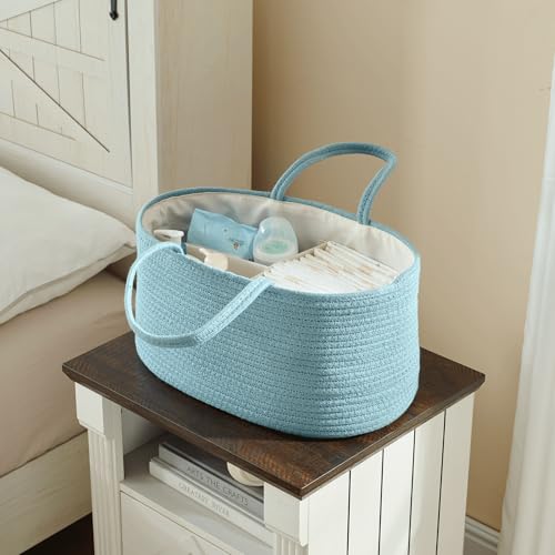 Image of luxury little Diaper Caddy Organizer, Large Cotton Rope Nursery Baby Basket, Changing Table Organizer for Baby Diaper Storage, Portable Car Organizer Removable Divider (Lake Blue, Extra Large)