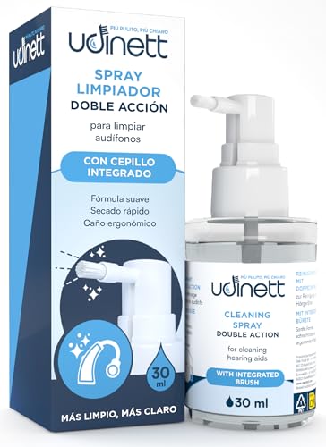 Limpiador de Audífonos en Spray 30ml Udinett - Limpiador con Cepillo contra Cerumen y la Suciedad - Limpieza de Auriculares Bluetooth - Efecto Limpio Inmediato - Fórmula sin Alcohol