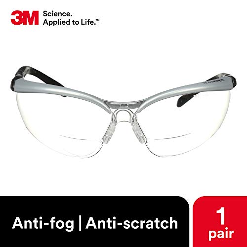 3M Safety Glasses With Readers, Bx, +2.0, Ansi Z87, Anti-Fog Anti-Scratch Clear Lens, Silver Frame, Adjustable Length Temples And Lens Angle #TOP3
