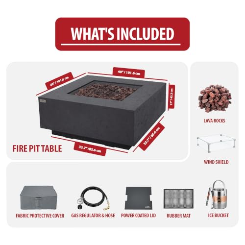 Image of AMS Creations | Brooklyn 40 inch Bundle Square Natural Gas Outdoor Fire Pit Table | Dark Gray Concrete GFRC | Limestone Texture Surface Fire Pit Table