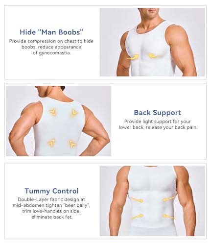 Mens Compression Shirt Workout Tank Tops Slimming Body Shaper Vest Abs Abdomen Undershirts (White, Large) - Thumbnail 2