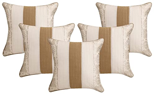Image of Gifts Island Combo Silk Traditional Striped & Rajasthani Warli Golden Hand Printed Pillow Cushion Covers 16x16 inches Set of 5 & Round Pillow Bolster Covers Set of 2 16x32 inches (Beige)