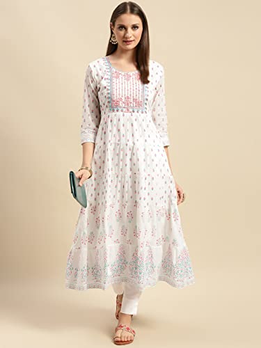 Image of rangita Off White Cotton Calf Length Embroidered Anarkali Kurti for Women | Kurta for Women