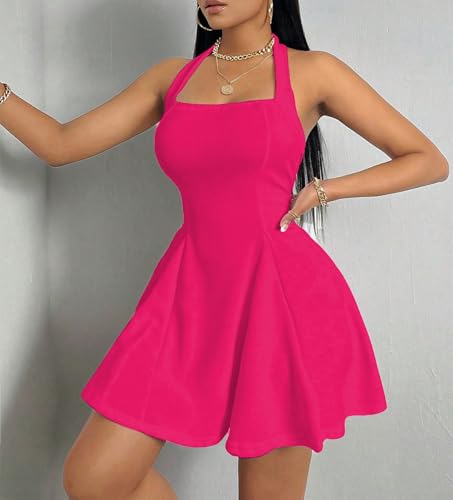 Image of PerZeal Women's Summer Halter Dress Backless Mini Beach Party Dress Sleeveless A-Line Sundress Casual Club Dress