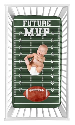 Image of Sweet Jojo Designs Fitted Baby Crib Sheets (Football Sports) for Boys, Infant Nursery, Toddler Room - Standard Size (Photo Op, Future MVP, Green Foot Ball Field for Vintage Sports Themed Collection)