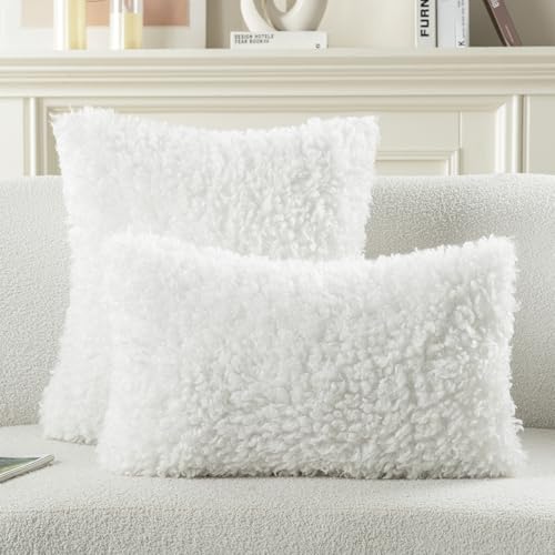 FUTEI Cream White Decorative Throw Pillow Covers 12x20 Inch Set of 2,Soft Fluffy Faux Wool Fur Boucle Textured Lumbar Pillow Case,Modern Home Decor for Couch Bed Living Room Office