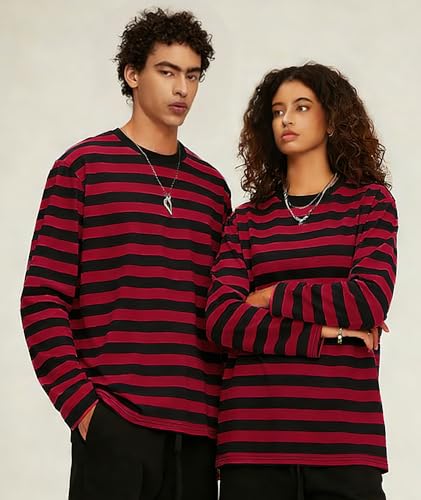 Image of KESIHAN Mens Striped Long Sleeve Shirt Crewneck Casual T-Shirt Basic Stripe Cotton Spandex tee Shirt