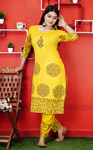 Image of Women Rayon Straight Golden Foil Printed Kurta with Palazzo || Kurti with Palazzo Set for Casual Party & Festival Wear in Round Neck with 3 /4 Sleeve for Girls