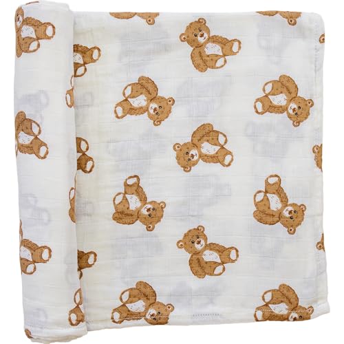 Image of Mebie Baby Teddy Bear Muslin Swaddle, Modern and Neutral Blanket for Baby Girl or Boy, 0-3 Month, Comfy Wrap