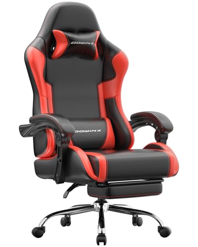 Dowinx Gaming Stuhl Bürostuhl Massage Gaming Sessel mit höhenverstellbaren Linkage-Armlehnen, ergonomischer Gamer Stuhl mit Fußstütze, gepolstert Gaming Chair 150° neigbar bis 180 kg, Rot