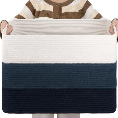 Image of OIAHOMY 108L Large Cotton Rope Basket, Rectangle Woven Baskets for Storage, Nursery Blanket Storage Living Room, Toy Basket With Handle-25 inchx16 inchx16 inch-Gradient Blue