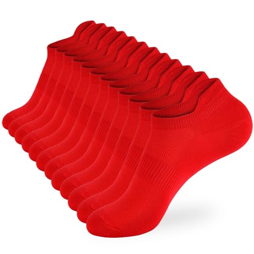 Varietyou Calcetines de tobillo para mujer y hombre, delgados, atléticos, para correr, corte bajo, invisibles con lengüeta en el talón, 6/10 pares, 6 pares de color rojo, 5-7
