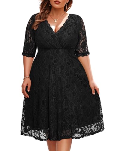 Plus Size Dresses Wedding Guest Black Cocktail Funeral Women Semi Formal Evening Party Summer Lace V...