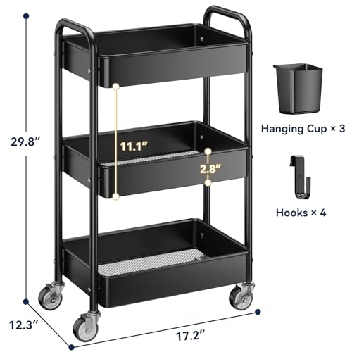 YASONIC 3 Tier Rolling Cart - Metal Utility Cart with Wheels, Hanging Cups, Hooks, Heavy Duty Mesh Rolling Storage Cart Organizer, Craft Cart for Kitchen Office, Lightweight and Sturdy