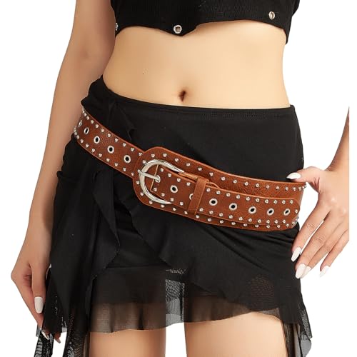 NOFIBAF Vintage Wide Belt Rivets Waist Belt with Metal Buckle Black Punk Fashion PU Leather Belt for Dresses Accessories for Women (BROWN)