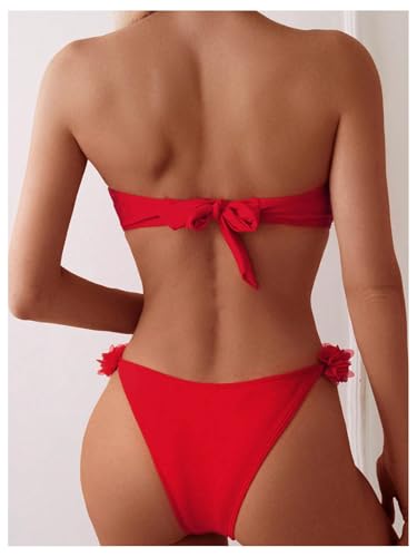 MakeMeChic Women's 3D Flower Bikini Set Strapless Bandeau Tie Back Thong Bathing Suit2