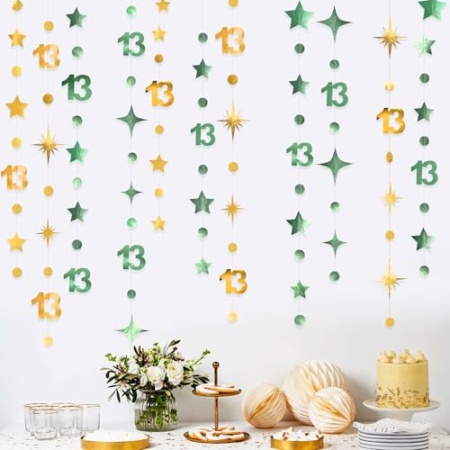 Image of Sage Green Gold 13th Birthday Decorations Number 13 Circle Dot Twinkle Star Garland Glitter Hanging Streamer Banner Backdrop Girls Boys Cheers to 13 Years Old Birthday Official Teenager Party Supplies