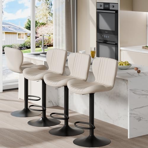 Image of Shintenchi Bar Stools Set of 4 Modern Swivel Bar Chairs, Counter Height Faux Leather Metal Barstools, Upholstered Island Chairs with Back and Footrest, Beige