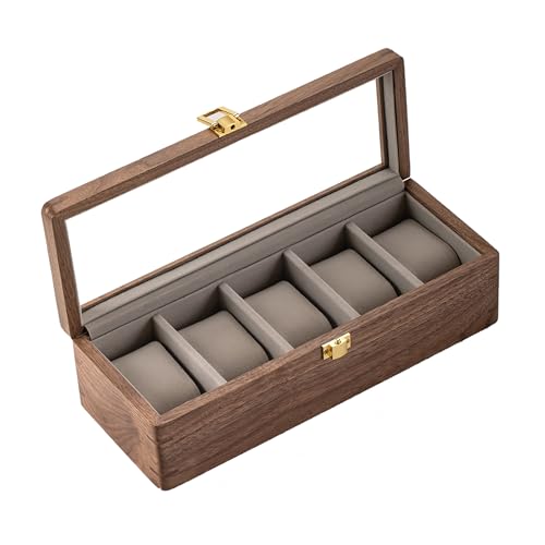 muso wood Watch Display Box, 5 Slot Watch Case for Men, Watch Organizer Box with Glass Lid, Watch Case with Removable Velvet Pillow, Father's Day Gift - 5 Slot, Walnut
