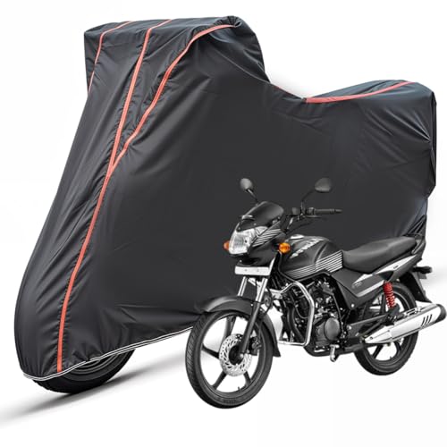 Image of Two Wheelers Bike Body Cover Compatible for Hero Achiever 150, UV Resistant, Dustproof, Triple Stitched, Elastic Bottom, Red Piping Motorcycle Cover (Black, Pack of 1)