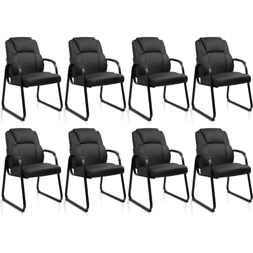 Image of CLATINA Classic Leather Soft Reception Chair with Padded Armrests and Sled Base, Executive Guest Chair for Office Computer Desk Conference Waiting Meeting Room, Black (8 Pack)