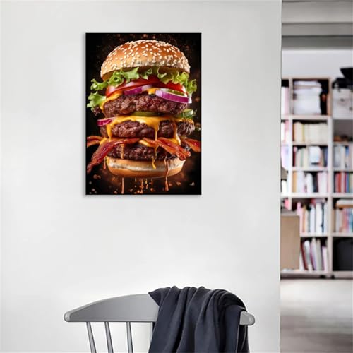 Peinture sur toile pizza et viande, tableau mural de cuisine moderne avec cadre