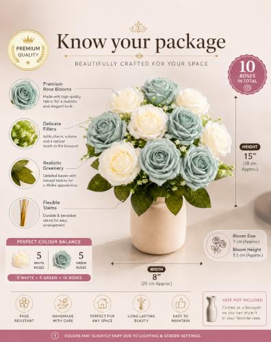 Image of Divyakosh Artificial Rose Flower Bouquet 10 Rose (5 Sage Green + 5 Ivory White Roses) with Green Leaves | Faux Flowers for Home Decor, Living Room, Office, Bedroom| Vase Not Included
