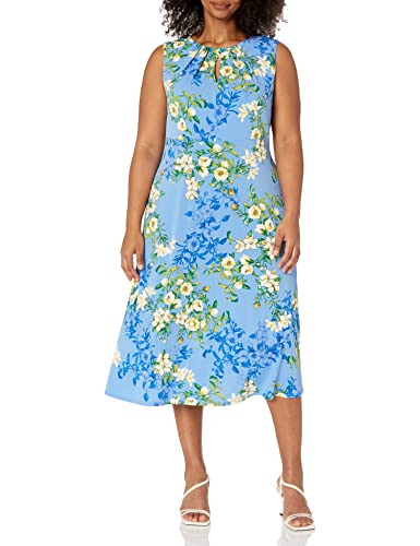 London Times Women's Sleeveless Fit And Flare Dress With Pleat Tucks And Keyhole Detail At Neck, Della Robbia Blue/Yellow #TOP19