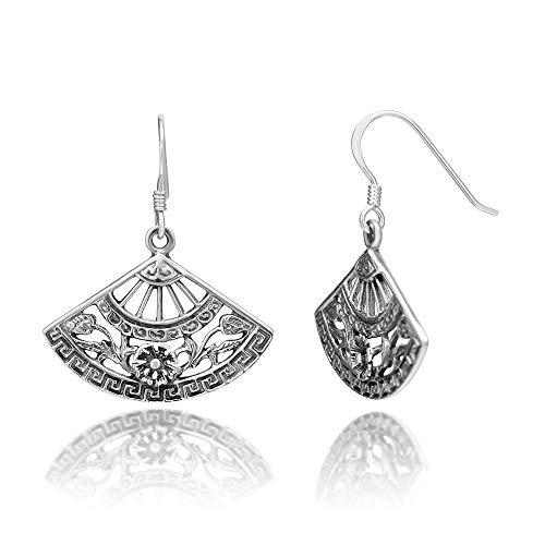 925 Sterling Silver Asian Insipred Filigree Folding Hand Fan Flora Dangle Hook Earrings