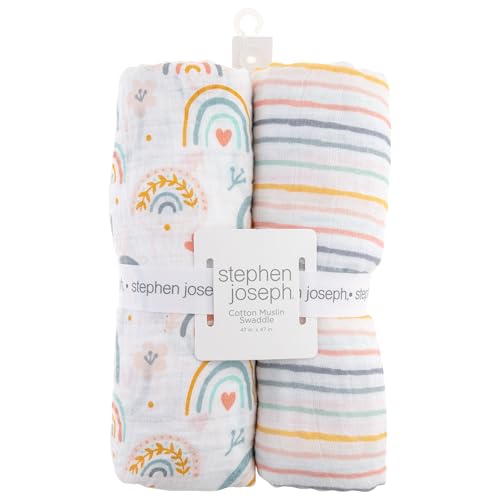 Image of Stephen Joseph Baby Swaddle Blanket, Unisex Swaddle Wrap Soft Muslin Swaddle Blankets, Receiving Blanket for Boys and Girls, 47 x 47 inches, Set of 2, Rainbow
