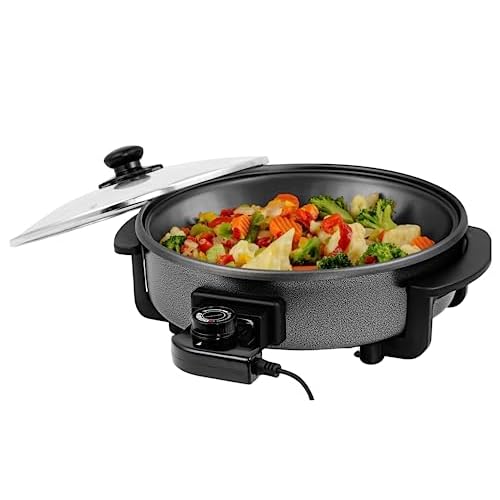 OVENTE Electric Skillet and Frying Pan, 12 Inch Round Cooker with Nonstick Coating, 1400W Power, Adjustable Temperature Control, Tempered Glass Lid with Vent and Cool Touch Handles, Black SK11112B