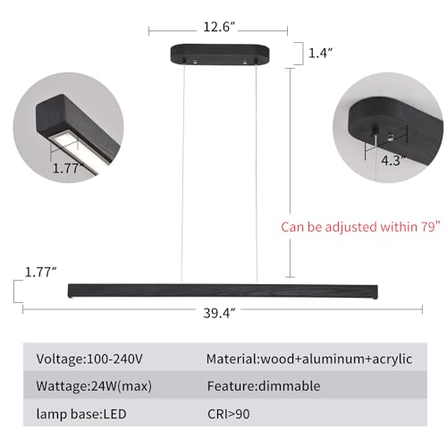Image of 39 Inch LED Linear Pendant Light Black Wood LED Kitchen Island Lighting Dimmable Ceiling Hanging Chandeliers for Dining Room Living Room Bar Pool Table 24W Modern Farmhouse Fixture Black