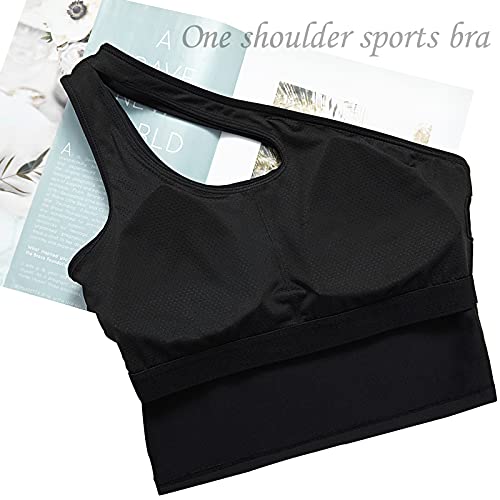 Youloveit One Shoulder Sports Bras For Women Medium Support Longline Padded Yoga Crop Tank Top With Built In Sports Bra（Black,L #TOP5