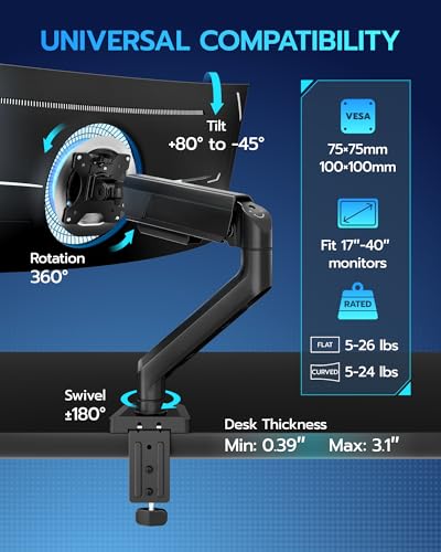 Image of ARES WING Heavy Duty Single Monitor Arm - Fully Adjustable Monitor Mount for 17 inch-40 inch Ultrawide Screens up to 26.4 lbs with Clamp /Grommet Desk Mount and USB A /C, 75 /100 Vesa Mount, Black
