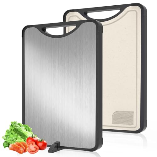 Stainless Steel Cutting Board – 2-in-1 Double Sided Cutting Board for Kitchen, SGS Food-Grade Certified, Pure Stainless Steel & Wheat Straw PP, Dishwasher Safe