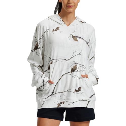 LOOGU Women's Camo Oversized Hoodies Sweatshirts Fleece Hooded Casual Pullover Fall Winter Long Sleeve with Pocket Dropped Shoulder Sleeves Large Loogu Ents Snow