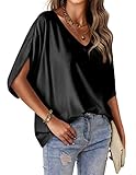 HOTOUCH Womens 3/4 Sleeve Satin Blouses Casual Loose Summer Tops V-Neck Silk Tops Black
