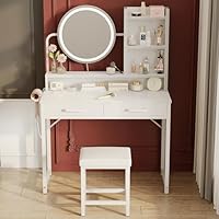 ODK Dressing Table Set, with height-adjustable mirror for 120-180 cm, LED Lights with Adjustable Brightness, Vanity Table with stool, 2 fabric Drawers and 4 Open Compartments, 80×40×136cm, White