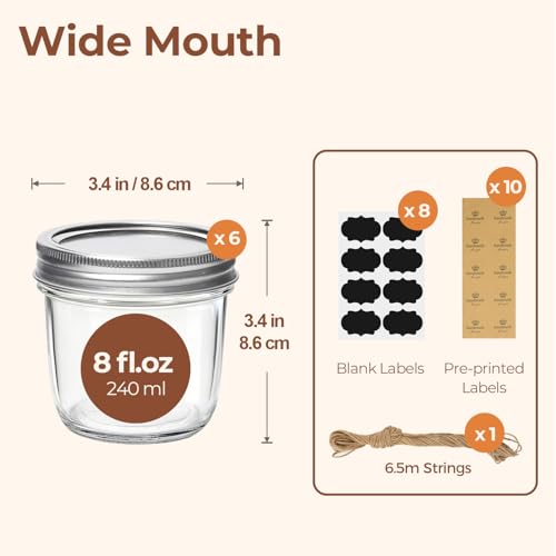 Image of ComSaf Wide Mouth Mason Jars with Lids 8 oz 6Pcs, Half Pint Small Mason Containers, Canning Jars for Jam, Jelly, Meal Prep, Overnight Oats, Yogurt Parfait, Shower Wedding Favors, DIY Candles Decor