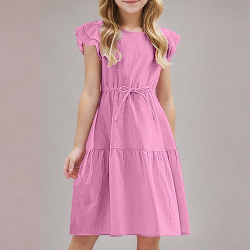 Girls Cotton Linen Dress Summer Casual Party Double-Ruffle Sleeves Dresses Loose A-Line Flowy Dress with Drawstring2