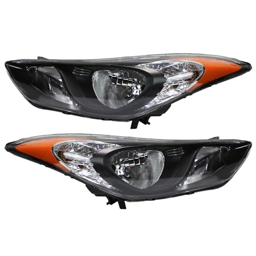 F CARFITTING 2011 2012 2013 Elantra Headlights Headlight Assembly Fit for Hyundai Elantra 2011-2013 Halogen Headlamp Repalcement Driver Passenger Side Black Housing Amber Reflector Clear Lens