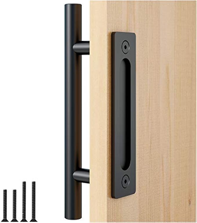 FaithLand 12" Heavy Duty Pull and Flush Door Handle Set in Black, Sliding Barn Door Handle - Fit Doors Up to 2 3/8''