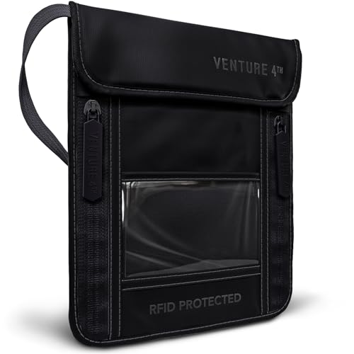 Image of VENTURE 4TH Neck Wallet for Women & Men - RFID Blocking Passport Holder for Travel, Hidden Neck Pouch with 6 Compartments, Slim Lightweight Travel Organizer with Adjustable Strap, Durable Nylon, Sleek