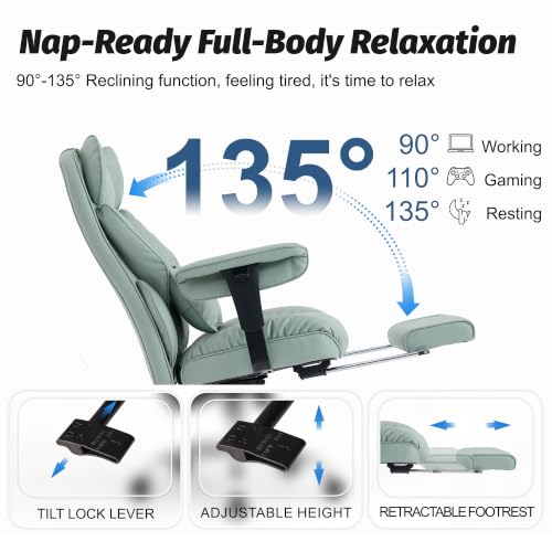 Image of Efomao Executive Office Chair 400lbs,Green Big and Tall Desk Chair | Mattress-grade pocket spring cushion, sleek leather, 135 recline & footrest for computer gaming setup.